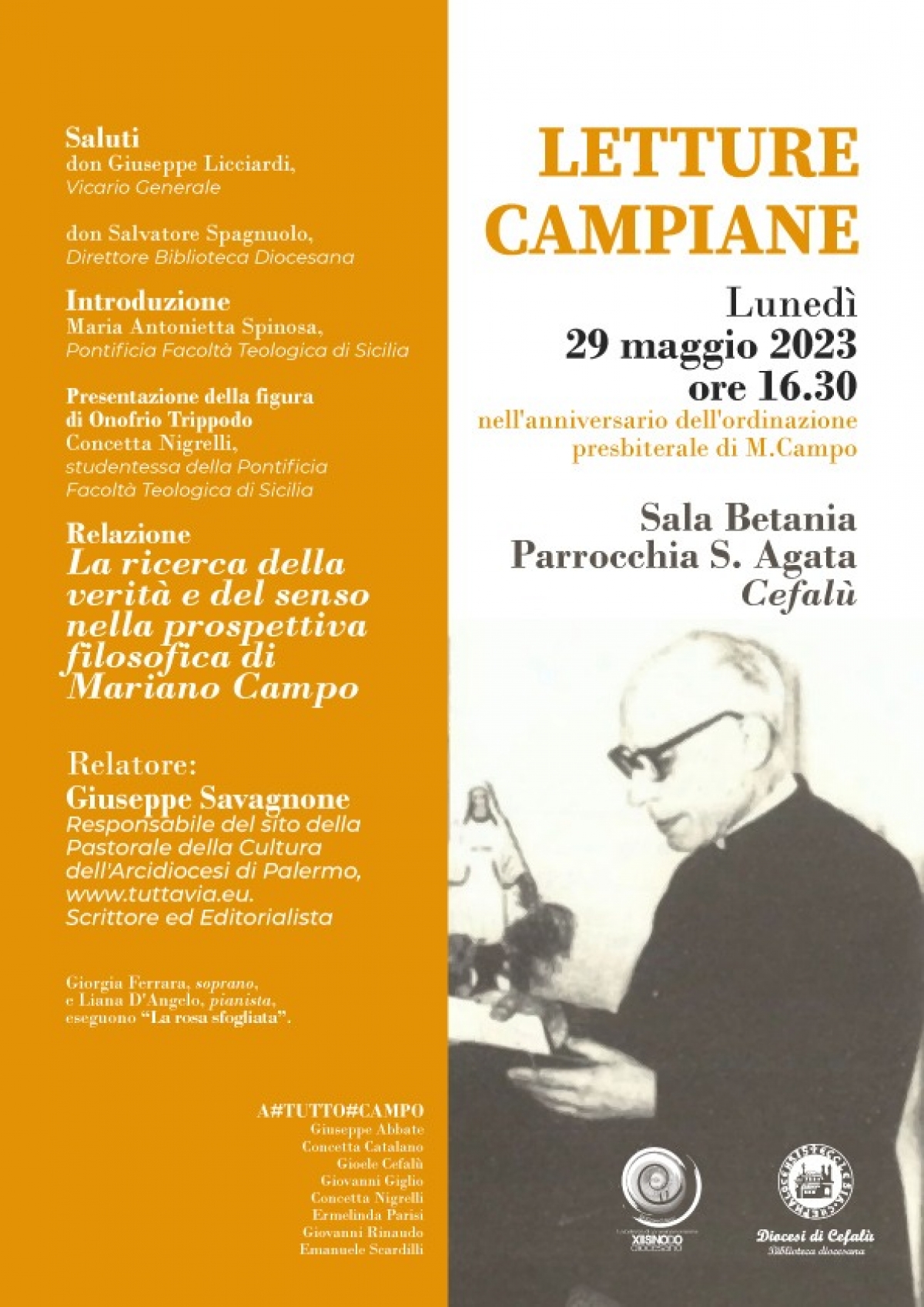 LETTURE CAMPIANE - Nell&#039;anniversario dell&#039;ordinazione presbiterale di Mariano Campo       &quot;La ricerca della verità e del senso nella prospettiva filosofica di Mariano Campo&quot;